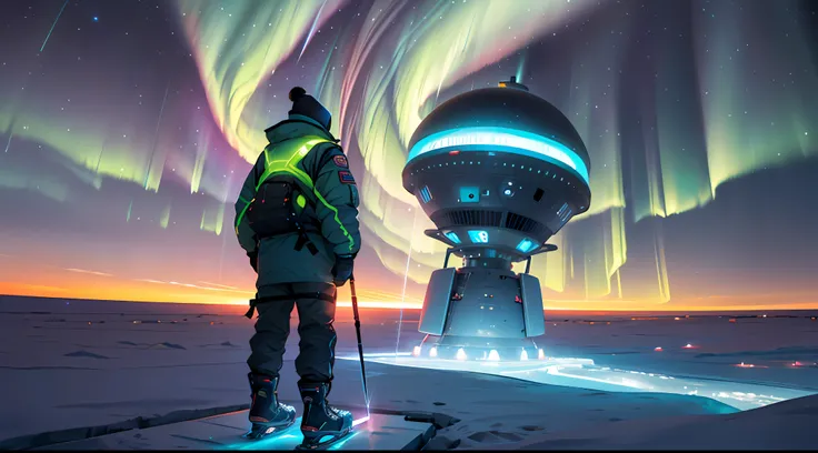 At night at the South Pole，There are beautiful auroras in the sky，A man standing on the ice，20 meters in front of him, 120 meters in the air there is a flying saucer，Very technological，It exudes the feeling of 2100 years，Underneath the UFO，A green laser sh...