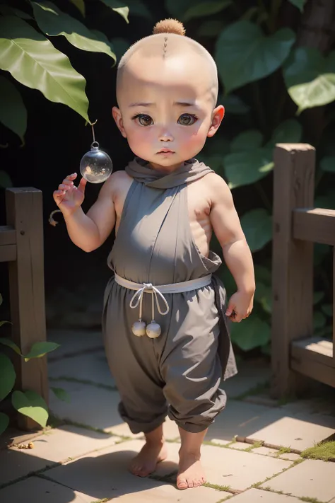 A little monk about 3 years old,Dressed in a gray little monks costume,The round little head without hair is shiny,Carry a string of bodhi seeds on the wrist,Milk hoop,Fat pier