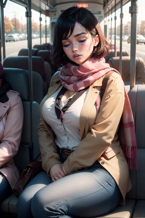 1 beautiful woman, adult, large body, short hair, outlined eyelids, made-up eyelids, made-up face, pink checkered jacket, neckline, red scarf, blue jeans, brown handbag, sleeping sitting on the bus, mouth open, arms crossed, eyes closed.