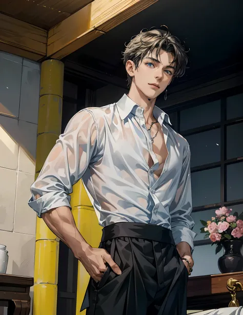 absurdres, highres, ultra detailed, HDR), masterpiece, best quality, 1boy, solo, 17 year, handsome, yellow messy curly hair, blue eyes and detailed face, ((open button shirt, half naked, black low-waist pants showing waist and hips)), (white skin), knees u...