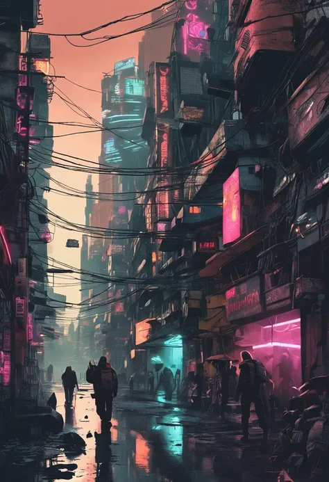 Gente caminando por las calles de la ciudad bajo la lluvia sosteniendo paraguas, busy cyberpunk metropolis, dystopian digital concept art, sci-fi cyberpunk city street, Calle Cyberpunk, Ciudad cyberpunk hiperrealista, Dire Cyberpunk City, Calle de la ciuda...