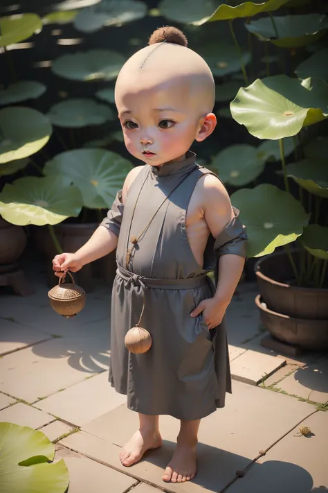 A little monk about 3 years old,Dressed in a gray little monks costume,The round little head without hair is shiny,Carry a string of bodhi seeds on the wrist,Milk hoop,Fat pier,Sleep on lotus leaves,Lotus flowers all around,Breeze and slanting sun 8k