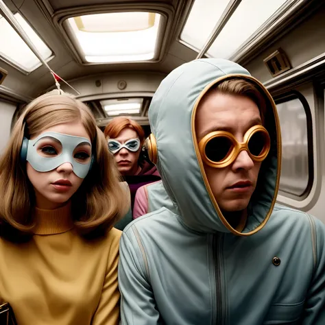 There is a woman and a man wearing masks on a train and a person in the background, no estilo Anderson Wes, inspirado em Anderson Wes, Moody : : Anderson Wes, Estilo Anderson Wes, Directed by: Anderson Wes, Ainda de um filme de Anderson Wes, Anderson Wes),...