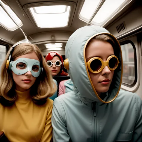 4k portrait of 1960s science fiction by Wes Anderson, Vogue pin-up anos 1960, pastels colors, Man with a fish mask wearing weird retro futuristic outfits and a woman wearing glass helmet and techno ornaments on the bus, Luz Natural, Psicodelia, futurista e...