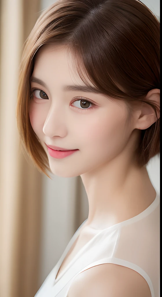 ((Best Quality, 8K, Masterpiece: 1.3)), 1 Girl, Slim Abs Beauty: 1.3, (Hairstyle Brown Hair Shortcut, Big: 1.2), Dress: 1.1, Super Slender Face, Delicate Eyes, Double Eyelids, Smile, Home, Raw Photo