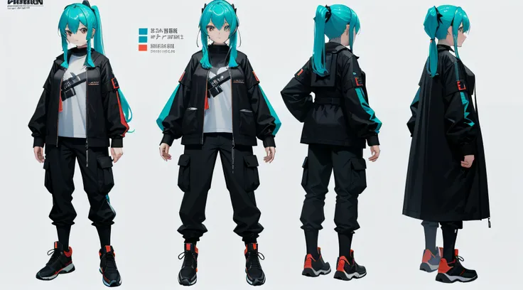 character sheet, 1 girl, long teal hair, 2 ponytails, white eyes, wearing salmon techwear shirt, black techwear jacket, black techwear cargo pants, boots, absurdres, high res, ultrasharp, 8K, masterpiece, looking at the viever