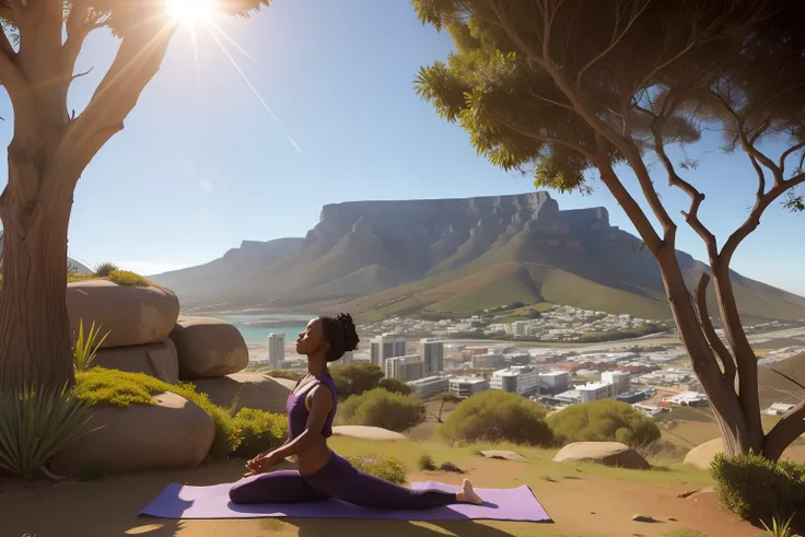 Date: 2009
Location: Cape Town, South Africa
Description: A figure practices yoga on a serene Cape Town hillside, their body moving in harmonious flow with the landscape, illuminated by the gentle sun.