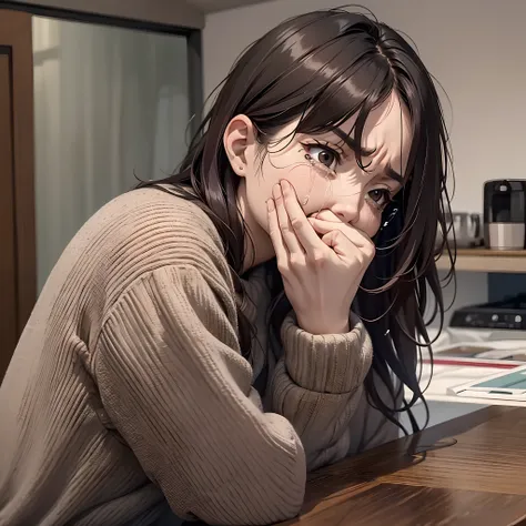 A middle-aged woman，Korean woman，brunette color hair，Wrinkles，Panicked expression，Serious expressions，grieves，weeping，Sad，haggard，Covered his face and cried，Side Body，inside a room，From the outside