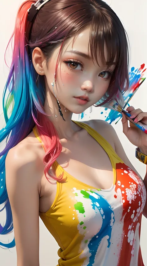 (Masterpiece, Best Quality, High Resolution), White Background, ((Paint Splash, Color Splash, Splash of Ink, Color Splash)),, Sweet Chinese Girl, Rainbow Hair, Peach Lips, Front, Upper Body