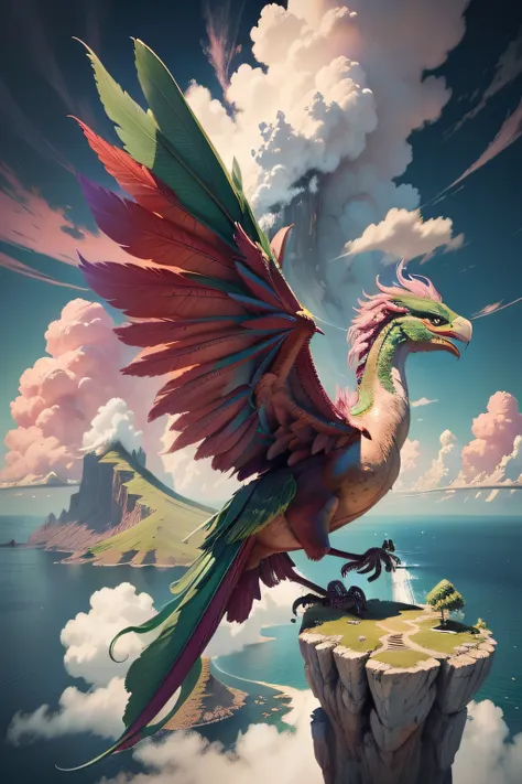 green dragon，island, cloud, rainbow, sky, bird， pink wings