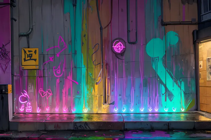 evening, the road lights up, wall covered with graffiti (arcane magical symbols:1.4), (wet street:1.2), (side view:1.2), the camera is looking at the wall