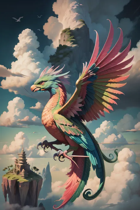 green dragon，island, cloud, rainbow, sky, bird， pink wings green dragons，island, cloud, rainbow, sky, bird， pink wings