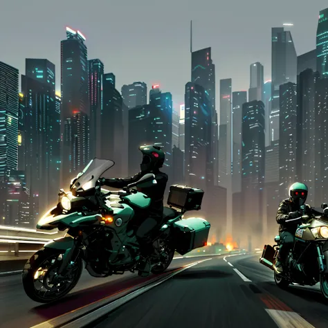 Motorcycles on city streets，The background is the city skyline, sitting on cyberpunk motorbike, riding a futuristic motorcycle, 2D game art GTA cover, 2D game art GTA cover, motorcycle, at cyberpunk city, motorbiker, 2D game art GTA5 cover, City in the bac...