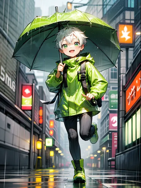 photoRealstic、Drawing of a ((cute chibi boy ina rainy city)) , holding a umbrella, wearing ((neon green raincoat)) , happy,cute, jumping in a rain, city blurry background, happy, absolutely adorable