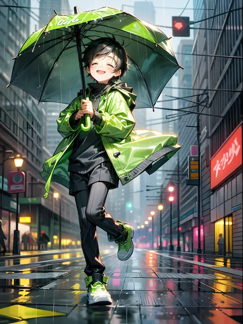 photoRealstic、Drawing of a ((cute chibi boy ina rainy city)) , holding a umbrella, wearing ((neon green raincoat)) , happy,cute, jumping in a rain, city blurry background, happy, absolutely adorable