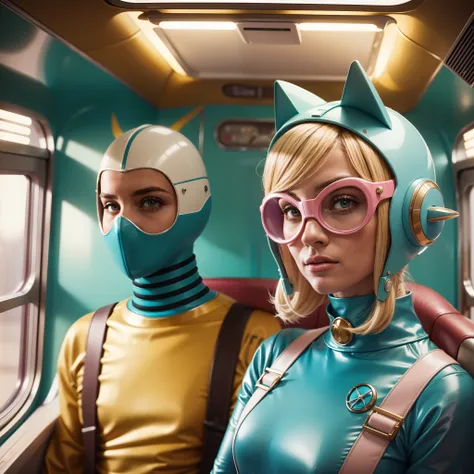 4k image from a 1960s science fiction film by Wes Anderson, Filme O Grande Hotel Budapeste, pastels colors, A blonde man and a pink-haired black woman wearing retrofuturistic alien masks and holding colorful suitcases and chests on the bus, Retro-futuristi...