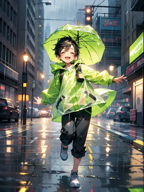 photoRealstic、Drawing of a ((cute chibi boy ina rainy city)) , holding a umbrella, wearing ((neon green raincoat)) , happy,cute, jumping in a rain, city blurry background, happy, absolutely adorable