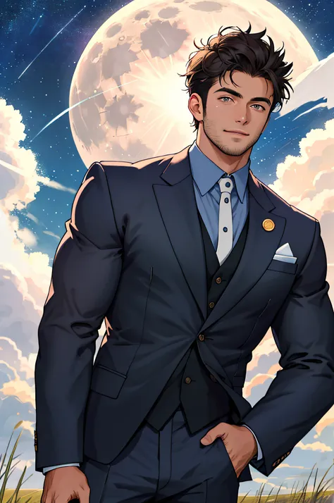 Draw a full-fledged footballer，Standing on the steppe at night，Quiet and comfortable background，He wears the same suit as the countrys president，The suit fits perfectly，rays of sunshine，cheerful big breasts，Handsome，eyes with brightness，The man looks confi...