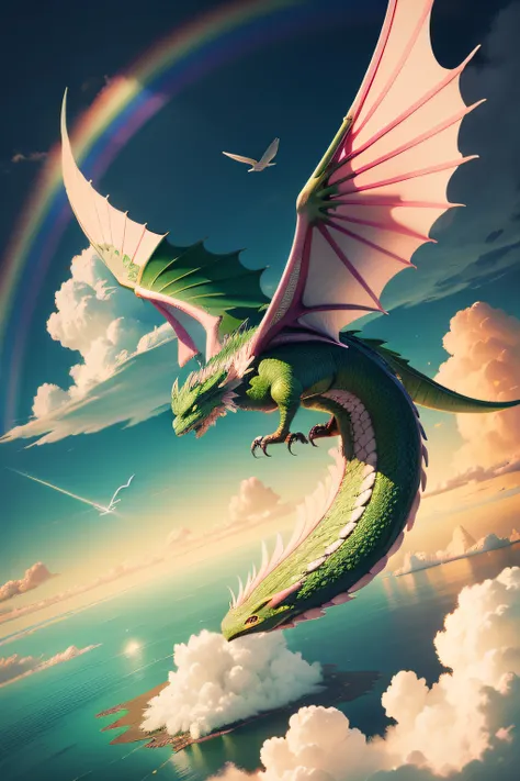 Green Dragon，Island, Cloud, Rainbow, sky, bird， pink wings