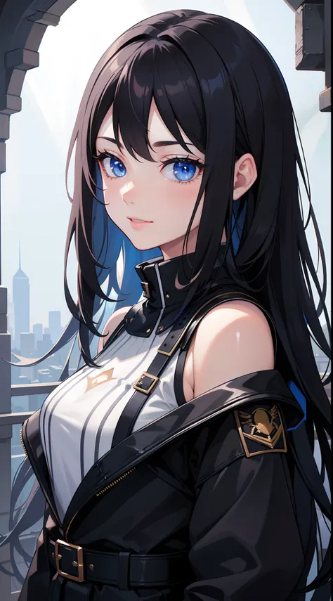 8k, highres, ultra detailed, (masterpiece:1.4), (portrait:1.4), best quality, symmetrical body, a beautiful 18 year old girl, casual clothes, cute, solo, long hair, black hair, blue eyes, glow effect, finely eye, detailed face, looking at viewer, smilling ...