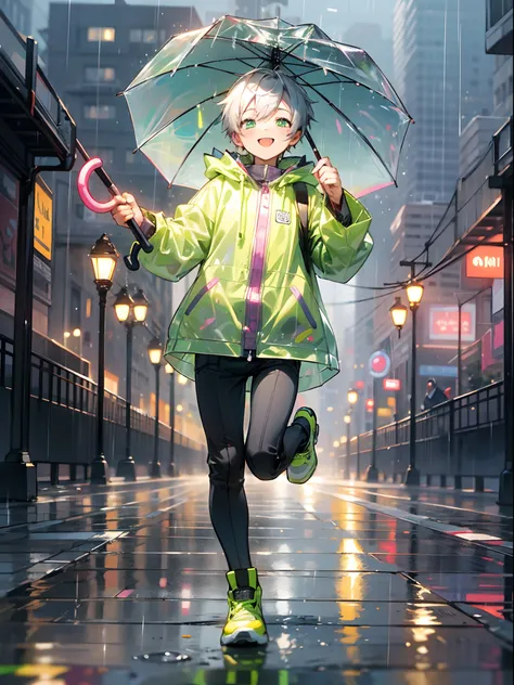 photoRealstic、Drawing of a ((cute chibi boy ina rainy city)) , holding a umbrella, wearing ((neon green raincoat)) , happy,cute, jumping in a rain, city blurry background, happy, absolutely adorable