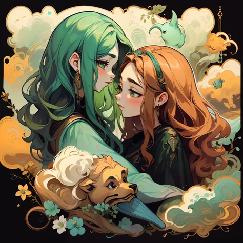 adesivo, fundo simples, portrait, 2 girls, couple, kissing, girl with long hair, beautiful taurus girl, taurus aesthetic, beautiful girl, very beautiful fantasy art, beautiful and elegant female taurus, beautiful detailed fantasy, greeb and brown color pal...