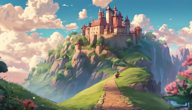 ghibli style, castle on a hill, cloudy blue sky, 4K wallpaper, merchants traveling on pathway.