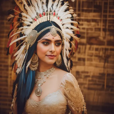 (mrunalt) wearing a feather headdress and a feather mask, she is dressed in shaman clothes, elaborate costume, feathered headdre...