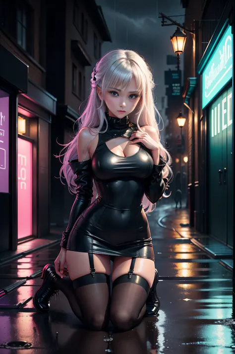 （best qualtiy，tmasterpiece：1.3）， beuaty girl， Rainy days， Mist， alleys， looking at viewert， facing the photo， Cyberpunk-city， Alone in the alley， Neon lights in the alley， Very reflective city， long whitr hair， leg-garter，Tight miniskirt，nedium breasts，Clo...