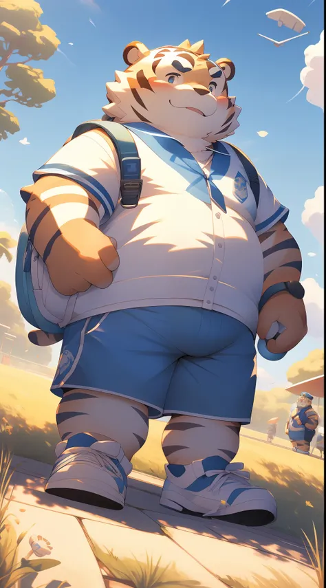 Anthropomorphic white tiger，male people，14岁，Thick eyebrows，blue stripe，hairy bodies，Chubby body，Wearing a blue baseball cap，Yellow backpack，Wear a white vest，White sneakers，blue short pants，Standing in the park waiting for friends，adolable，Solo，Side angle，...