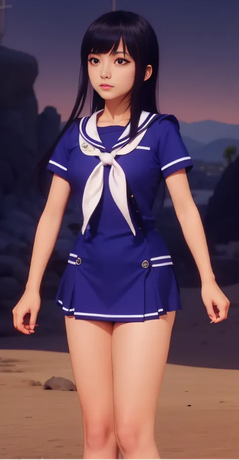 A cartoon girl in a sailors outfit standing in a desert, Uniforme azul, Uniforme de marinheiro, magical school student uniform, Nico Robin, menina vestindo o uniforme, Maya Fey, da Ace Advogado, magic school uniform, ikki tousen | |, Estilo anime como dest...