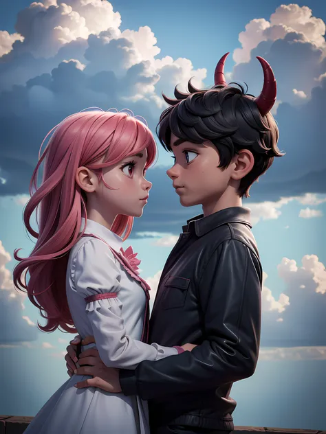 demon girl and normal boy, couple looking at each other, in a mid air, cloudy sky, RAW photo, best quality, masterpiece, high detail RAW color photo, best quality, masterpiece, high detail RAW color photo,