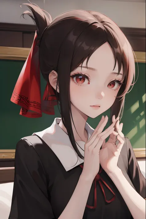 kaguyashinomiya, kaguya shinomiya, folded ponytail, forehead, hair ribbon, (red eyes:1.5), red ribbon, ribbon, short hair, sidel...