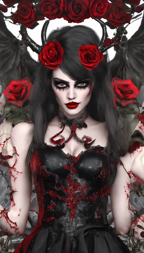 master part, extremely high quality, HD 8K, 1 menina vampira, WITH A RED ROSE IN HER HAIR AND A SKULL IN HER HANDS, atmosfera assustadora, lo gothic, boca aberta, dentes de vampiro, olhos vermelhos
，(obra-prima premiada , best quality:1. 2) , Christian Vam...