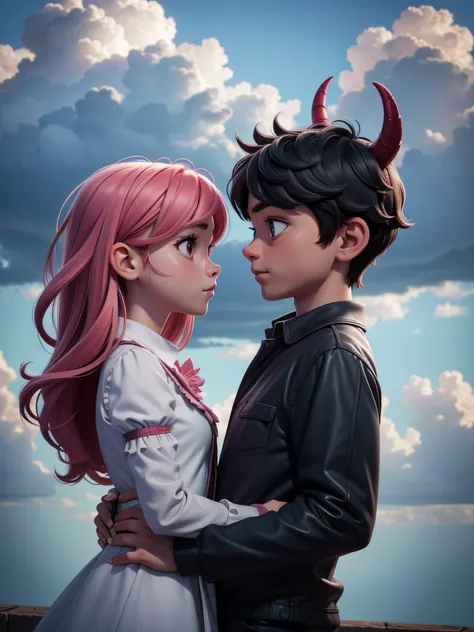 demon girl and normal boy, couple looking at each other, in a mid air, cloudy sky, RAW photo, best quality, masterpiece, high detail RAW color photo, best quality, masterpiece, high detail RAW color photo,