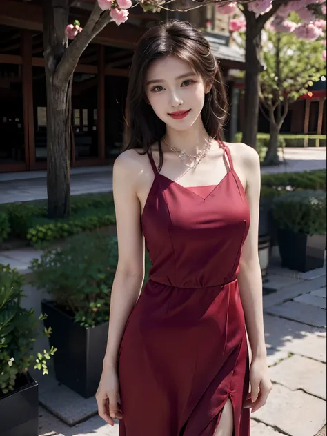 8K Ultra Clear，a asian beauty，palaces，Perform modeling steps，mediuml breasts，The upper part of the body。Wear stylish dresses，The color of cherry blossom pink，Court vintage style long dress，Princess dress，Long skirt in pompous and exaggerated style，Long dre...