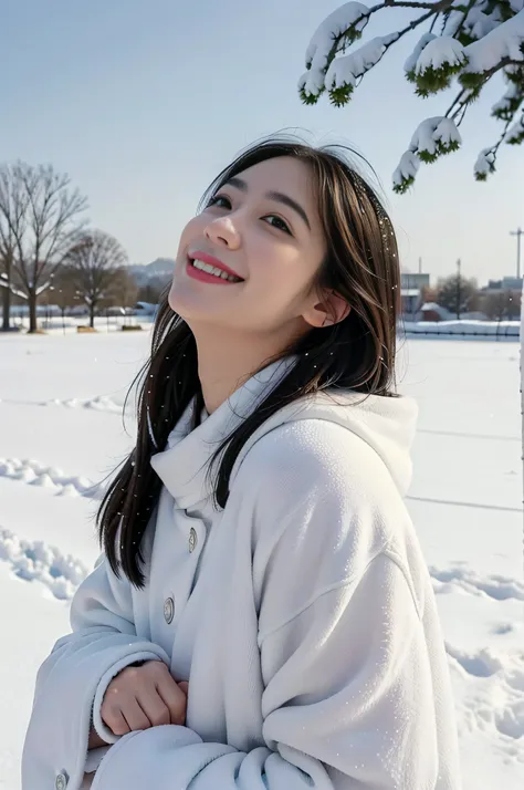 Beautiful girl looking up at snowy sky、Raise your hand to the sky、White breath、Diamond Dust、（Ultra Cute:1.6)、big smile