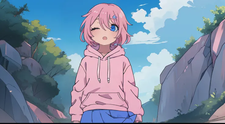 anime girl with short pink hair pink hoodie chocker hairclip, outdoors, close eyes, breathing blue eyes blue skirt