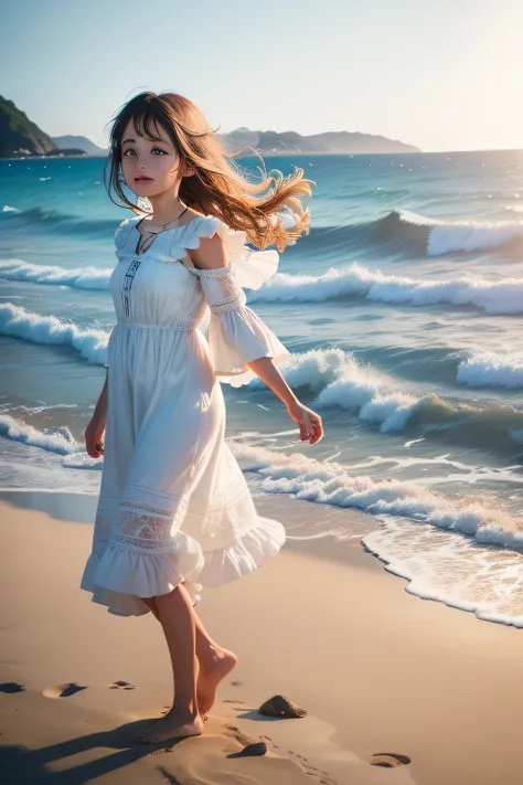 /imagine prompt: color photo of a little girl by the seaside

, her eyes sparkling with wonder as she gazes at the vast expanse of the ocean. Her golden curls dance in the salty breeze, framing her innocent face. She wears a vibrant sundress adorned with p...