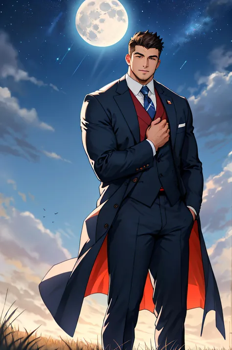 Draw a full-fledged footballer，Standing on the steppe at night，Quiet and comfortable background，He wears the same suit as the countrys president，The suit fits perfectly，rays of sunshine，cheerful big breasts，Handsome，eyes with brightness，The man looks confi...