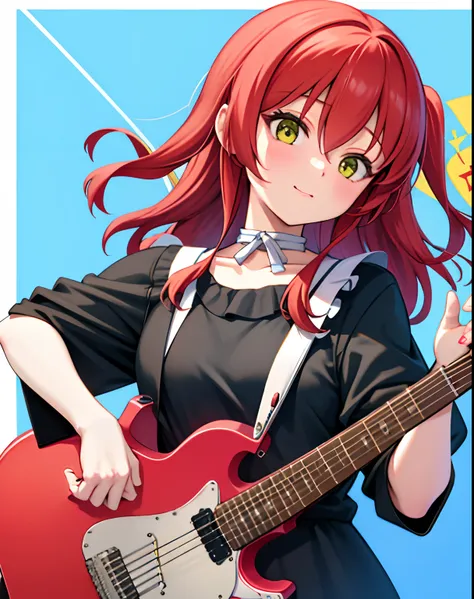 hyper-detailing，1girll,(校服:1),kitayuse, red hair, plays the electric guitar, emoji seduction，concert，play guitar，complete body