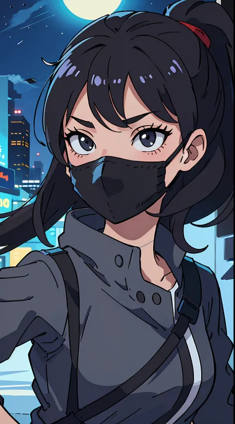 (best-quality:0.8), (best-quality:0.8), perfect anime illustration, extreme closeup portrait of a pretty woman walking through the city, wearing a black mask, night time