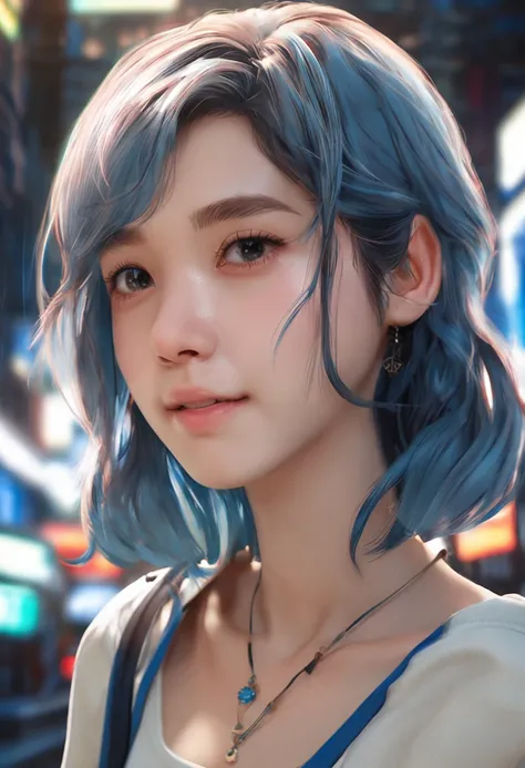 "Image Quality: 8K (Best Quality Scale: 1.2),A conon camera on her neck ,Artistic Style: Realistic, Photorealistic Factor: 1.37, Clarity: Ultra High Definition, Subject: Teenage Girl (16 yrs old) back, blue long hair, neon color, Pleasant Smile, Korean whi...