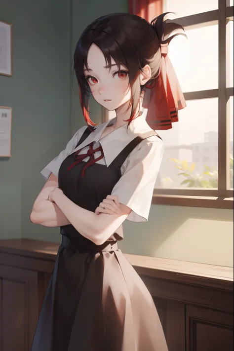 kaguyashinomiya, kaguya shinomiya, folded ponytail, forehead, hair ribbon, (red eyes:1.5), red ribbon, ribbon, short hair, sidelocks,
BREAK black dress, dress, pinafore dress, school uniform, shirt, short sleeves, shuuchiin academy school uniform, white sh...