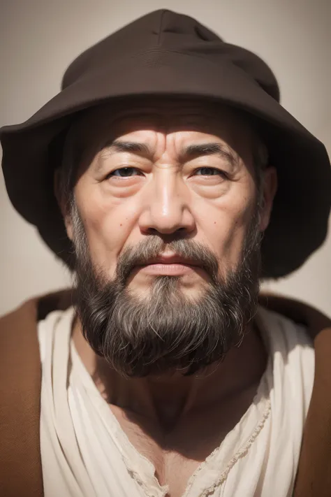 An old beggar，tmasterpiece，top-quality，best qualityer，offcial art，Beautiful and beautiful，realisticlying，The background is blurred out，Asian face，chineseidol，mtu，Upper body effect，The beard is long