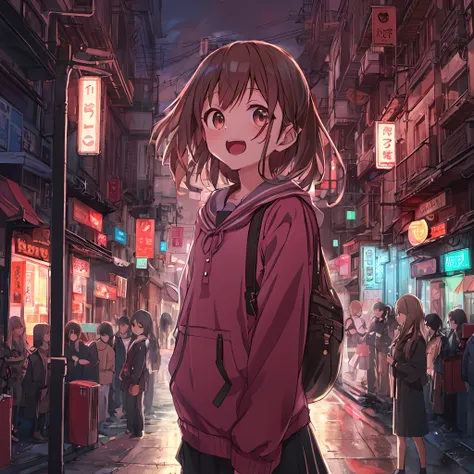 absurderes, hight resolution, (Anime style:1.1), ((masutepiece)), ((Best Quality)), (Ultra-detailed), (Beautiful), 独奏, Beautiful face、(liftup),Cute little girl standing on the street of urban red light district,Wind,thin brown hair, eyes are brown,Casual c...