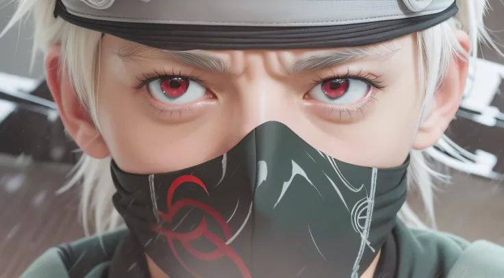 kakashi, sharingan, red eye, White hair, close up face, naruto, anime, scar on left eye, white eyebrow, kuchiyose, konoha handband, green junin jacket