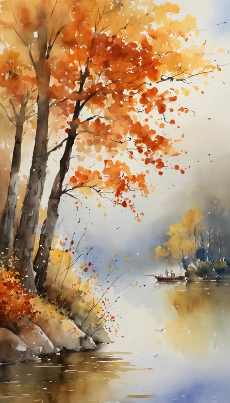 tmasterpiece, top-quality, high detal, Impressionism, Autumn morning, Cruise along the lake in the morning mist, haze, Cinematic light,