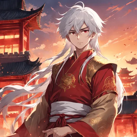 an anime drawing of a white haired young man in a red and gold outfit, picture of a male cleric, masterpiece, best quality, movie still, 1man, oriental chinese man, standing in front of chinese castle, close-up, bright, happy, warm soft lighting, sunset, (...