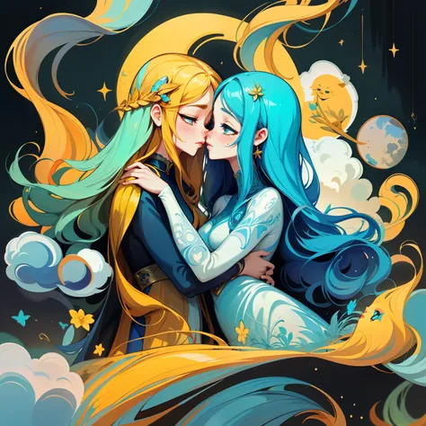 adesivo, fundo simples, portrait, 2 girls, couple, kissing, girl with long hair, beautiful gemini girl, gemini aesthetic, beautiful girl, very beautiful fantasy art, beautiful and elegant female gemini, beautiful detailed fantasy, yellow and blue color pal...